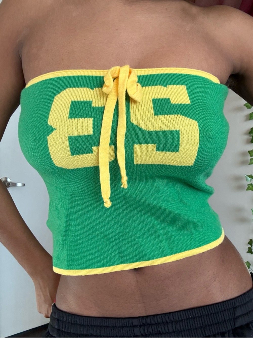 SHEIN Green and Yellow Strapless Knit Tie-Front Tube Top